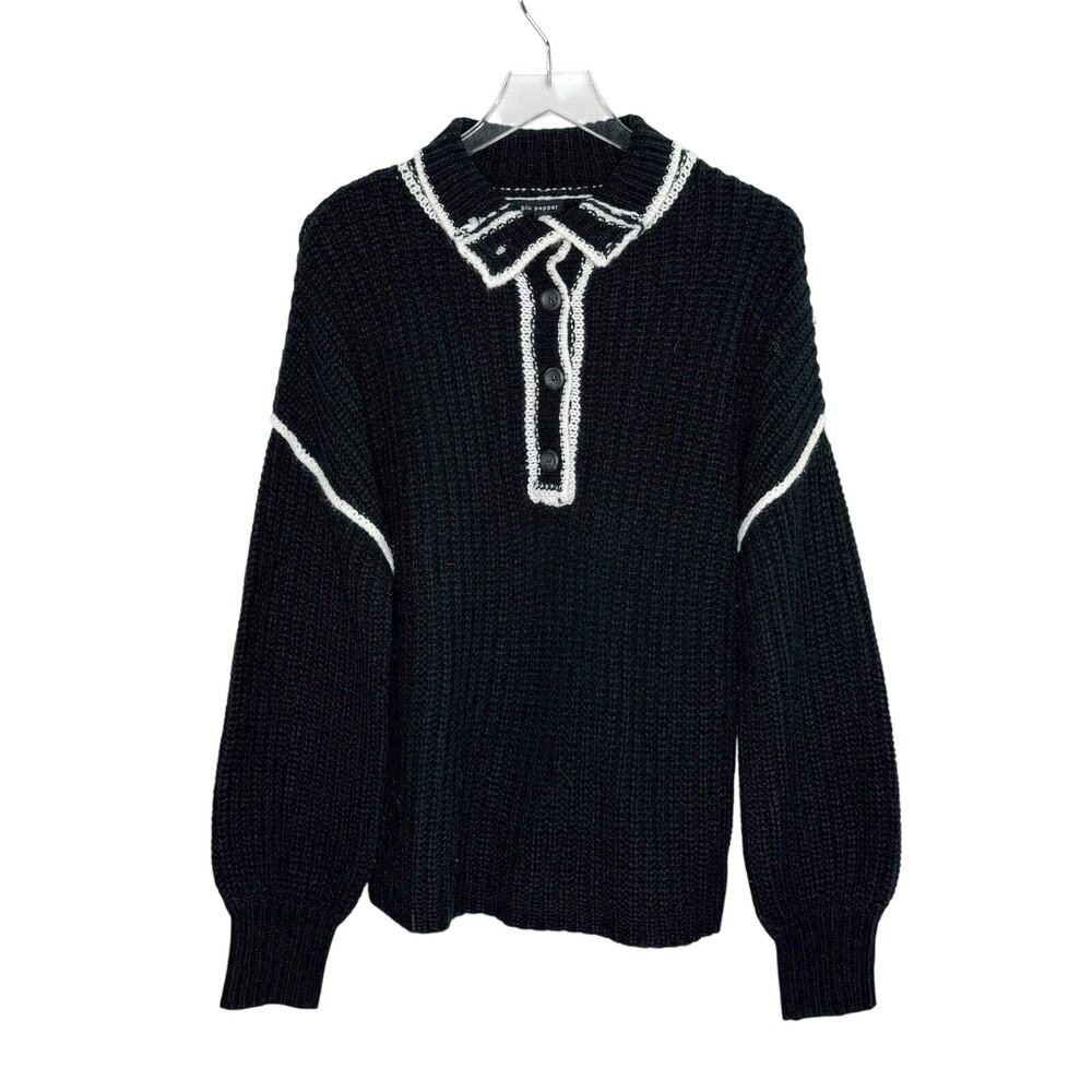 Blu Pepper Black Long Sleeve Knit Sweater M White Contrast Stitched Trim